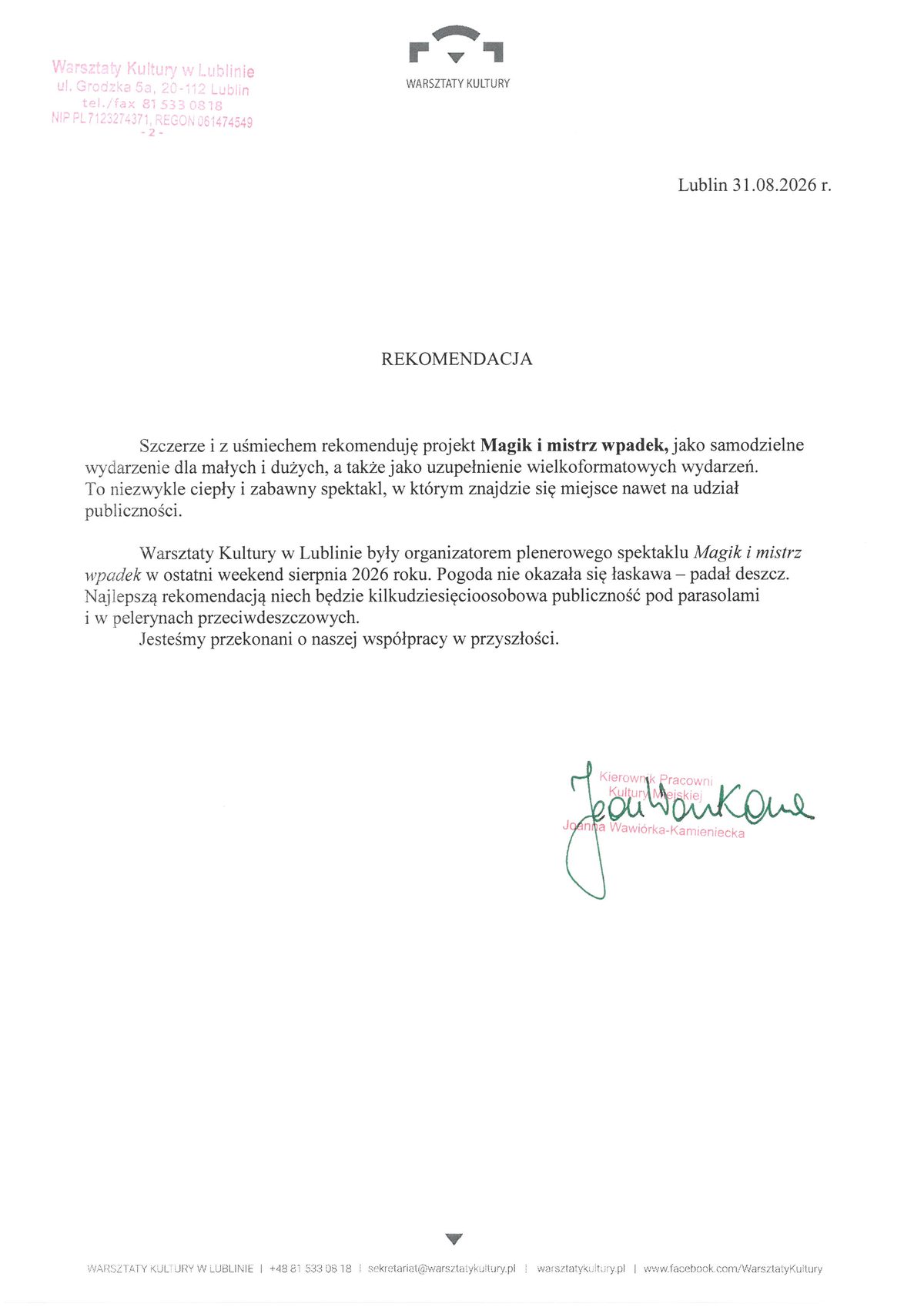 Skan podpisanej rekomendacji — Warsztaty Kultury w Lublinie, Lublin, 31 sierpnia 2026